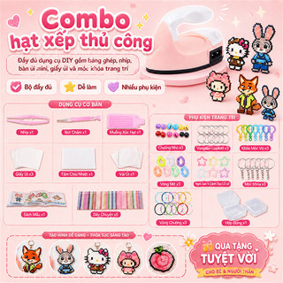 【Combo hạt xếp thủ công】Đầy đủ dụng cụ DIY gồm bảng ghép, nhíp, bàn ủi mini, giấy ủi và móc khóa trang trí.
