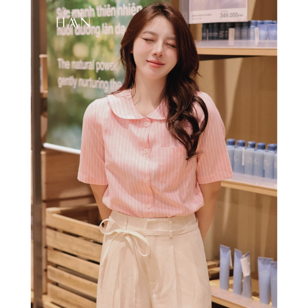Áo Sơ Mi Nữ Ngắn Tay Cổ Sen Kẻ Hồng, Vàng Style Dịu Dàng HAAN DESIGN SM603