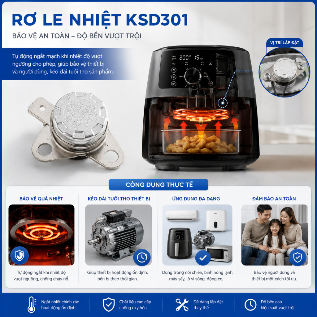 Rơ le nhiệt KSD301 giá trị từ 85-125 độ thường đóng đế sứ chịu nhiệt chất lượng ilinhkien
