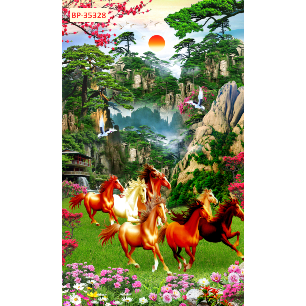 aTranh Ngựa, tranh Mã Đáo Thành Công khổ dọc tranh dán tường vải lụa 3D...