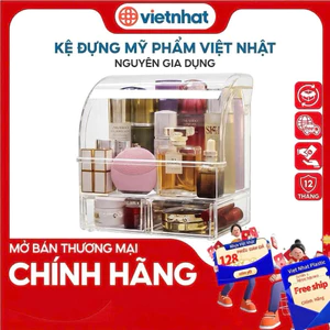Kệ mỹ phẩm 3 tầng có nắp Hokori nhựa nguyên sinh trong suốt. Tủ để đồ dùng trang điểm để bàn 3 ngăn.