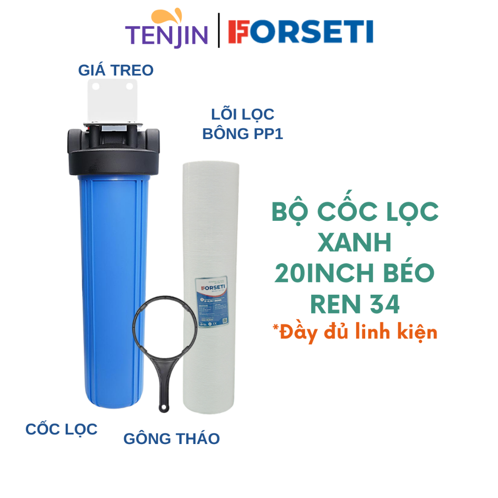 Bộ Cốc Đầu Nguồn Lọc Béo 20 inch, Chặn Thô Jumbo Béo Kèm Lõi PVDF Tặng Kèm Gông Tháo, Giá Sắt Treo Cốc - HÀNG LOẠI 1