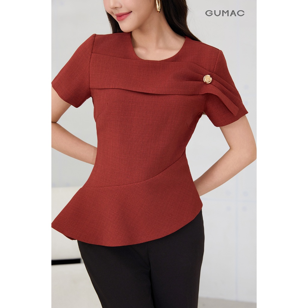Áo Peplum Nữ GUMAC Kiểu Lai Lệch 2 Lớp Tay Ngắn Đính Phụ Kiện Sang Trọng Thanh Lịch AF12057