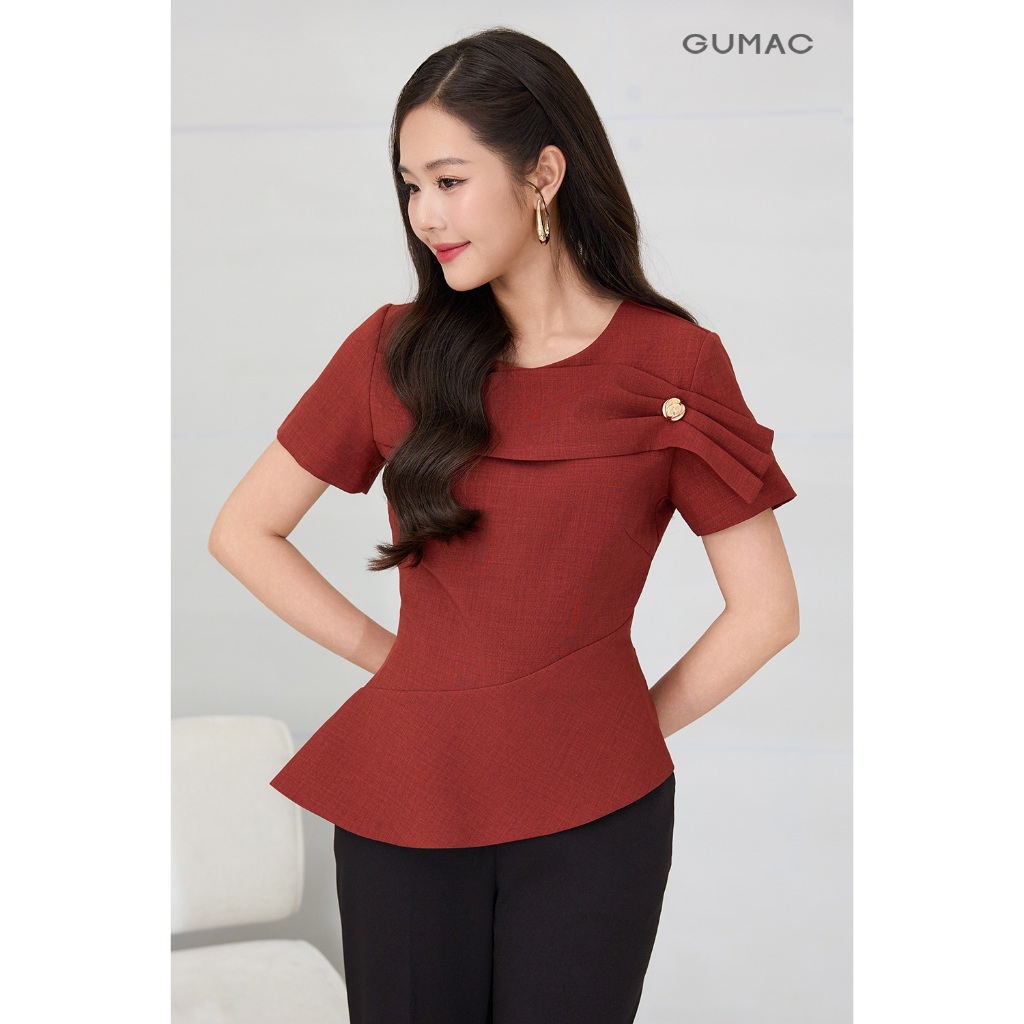 Áo Peplum Nữ GUMAC Kiểu Lai Lệch 2 Lớp Tay Ngắn Đính Phụ Kiện Sang Trọng Thanh Lịch AF12057