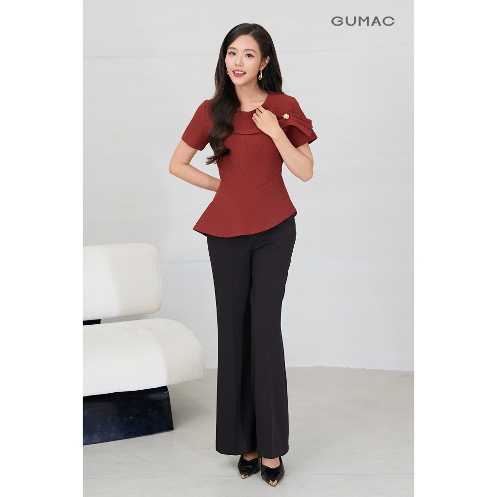Áo Peplum Nữ GUMAC Kiểu Lai Lệch 2 Lớp Tay Ngắn Đính Phụ Kiện Sang Trọng Thanh Lịch AF12057