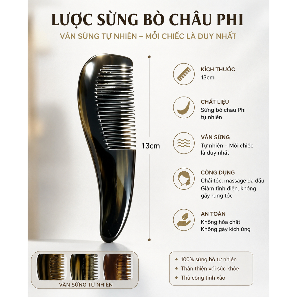 Lược Sừng Bò Châu Phi 13cm Cao Cấp - Lược Sừng Tự Nhiên Chống Tĩnh Điện, Massage Da Đầu, Giảm Gãy Rụng Tóc