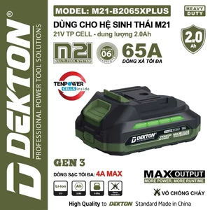 Pin 21V 2Ah Dekton M21-B2065PLUS - Dòng Xả 65A - Chân Pin Phổ Thông - Vỏ Chống Cháy