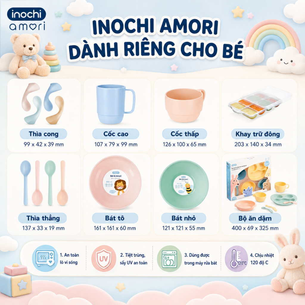 Khay Trữ Đông Đồ Ăn Dặm Inochi - Amori: Nhiều ngăn, nhựa PP, kháng khuẩn, an toàn cho bé