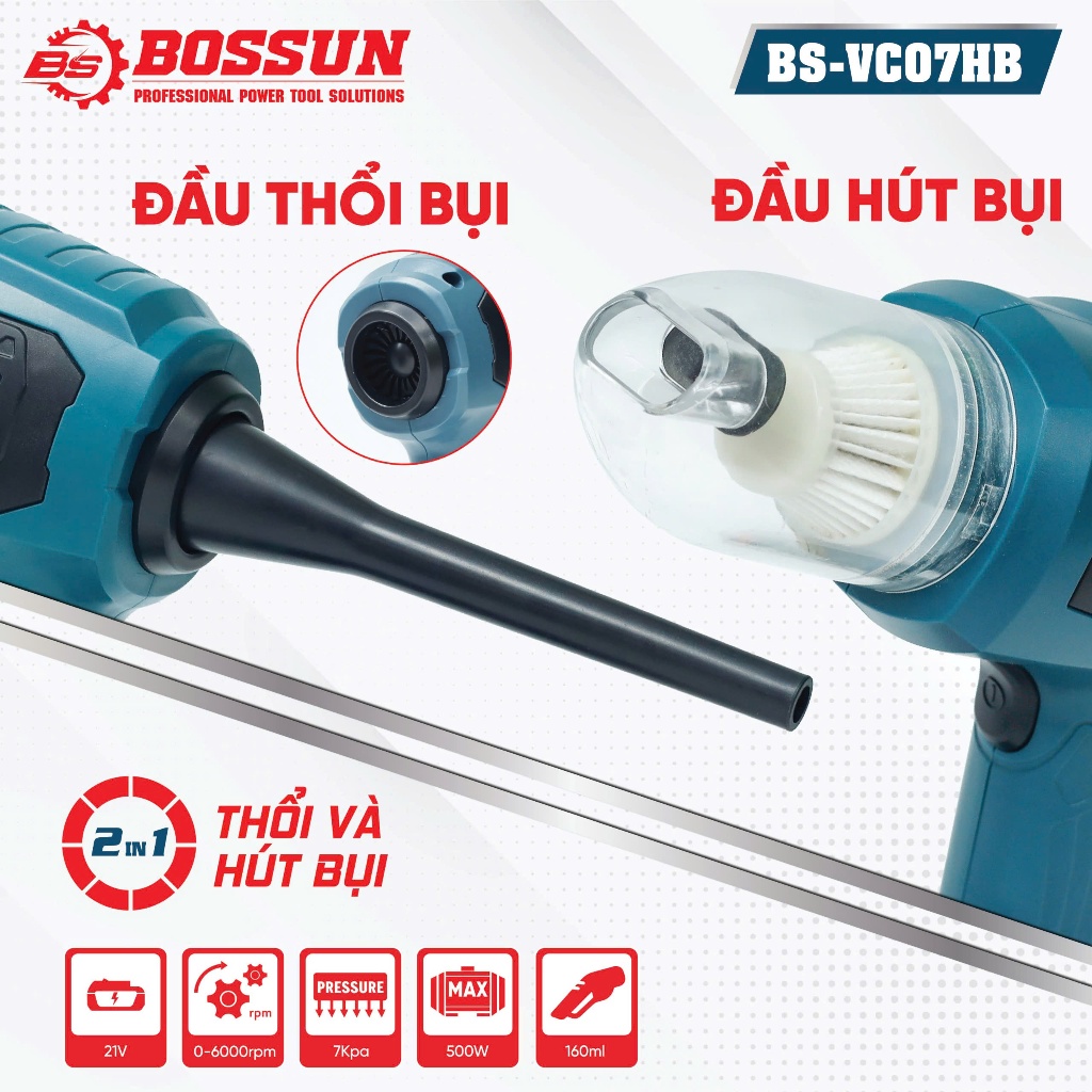 [Kèm Phụ Kiện] Máy Thổi Hút Bụi Bossun BS-VC07HB Dùng Pin Tự Chỉnh Lực - Max 7KPA, Chân Pin Phổ Thông