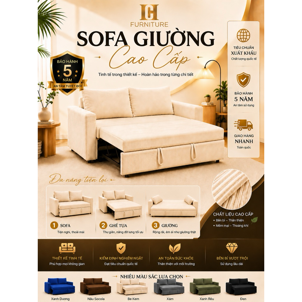 Sofa Giường Gấp Gọn Vải Corduroy Thương Hiệu HC Mã 03