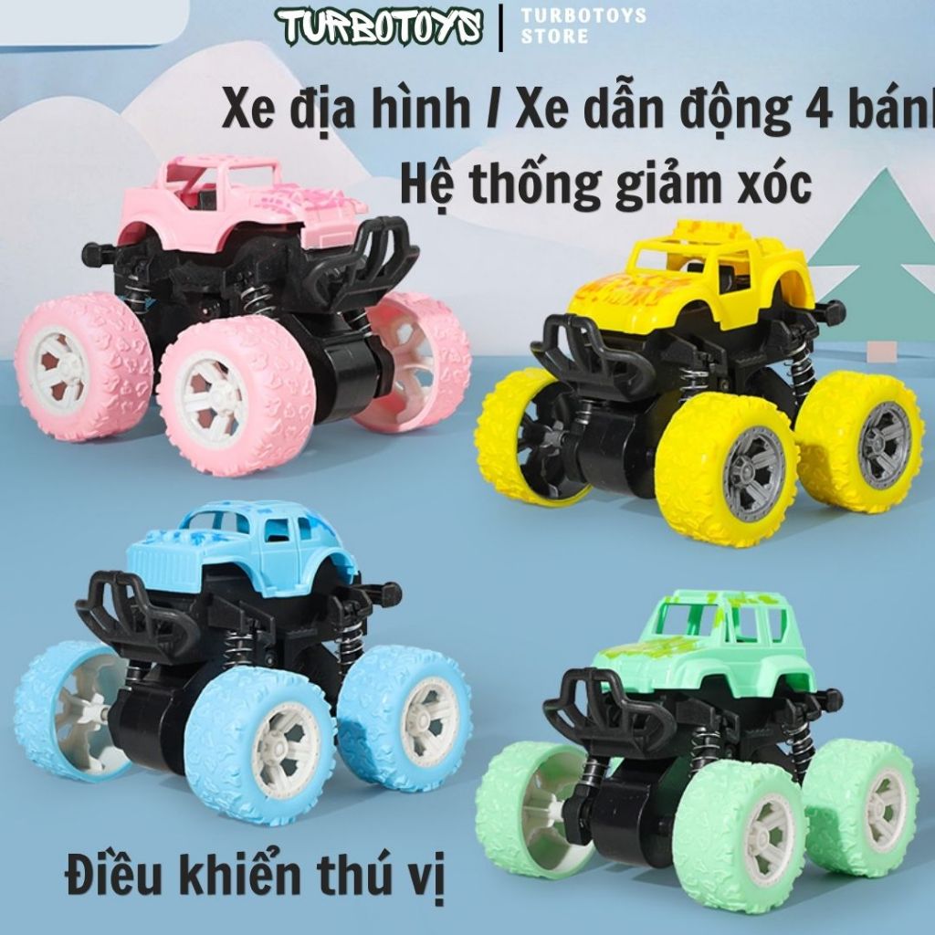 Xe ô tô đồ chơi kiểu dáng xe địa hình chạy đà không cần sử dụng pin, xe quán tính 2 cầu, giảm sóc 4 bánh, lốp xe cao su
