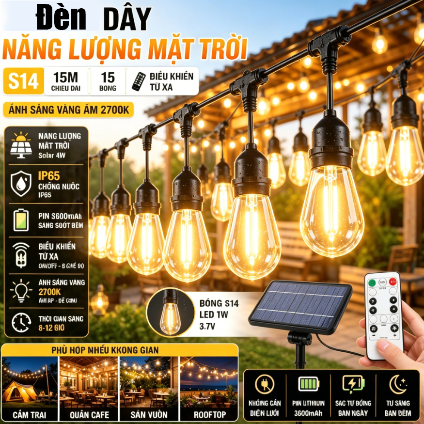 Đèn Dây Năng Lượng Mặt Trời S14 15M 15 Bóng,IP65 Chống Nước,Điều Khiển Từ Xa,Ánh Sáng Trắng Cắm Trại