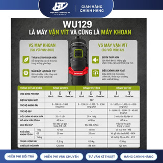 Máy vặn vít cấp trượt dùng pin 12V Worx WU129 (trọn bộ 2 Pin 2.0Ah, 1 Sạc)