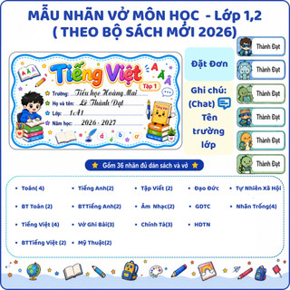 36 Nhãn vở môn học in tên theo yêu cầu theo bộ sách mới 2026 cho bé trai bé gái tặng kèm 60 sticker dán đồ dùng học tập
