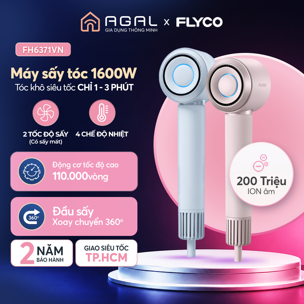 Máy sấy tóc Flyco FH6371VN 1600W Sấy nhanh x5 lần | Công nghệ ion âm - Bảo hành 2 năm