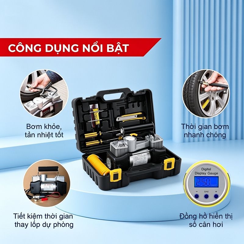 Bơm lốp ô tô 2 xilanh nội địa Bơm lốp xe hơi  điện tử tự ngắt đo áp suất lốp chi tiết Bảo hành 12 tháng