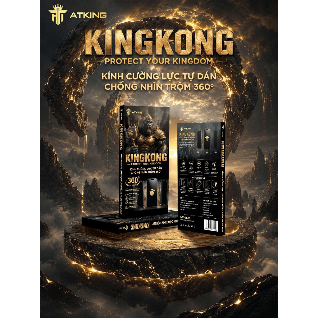 Kính cường lực tự dán cao cấp  iphone kèm khung tự dán chống nhìn trộm 4 chiều AT KING16 11 12 13 14 pro max 17 17 PRO