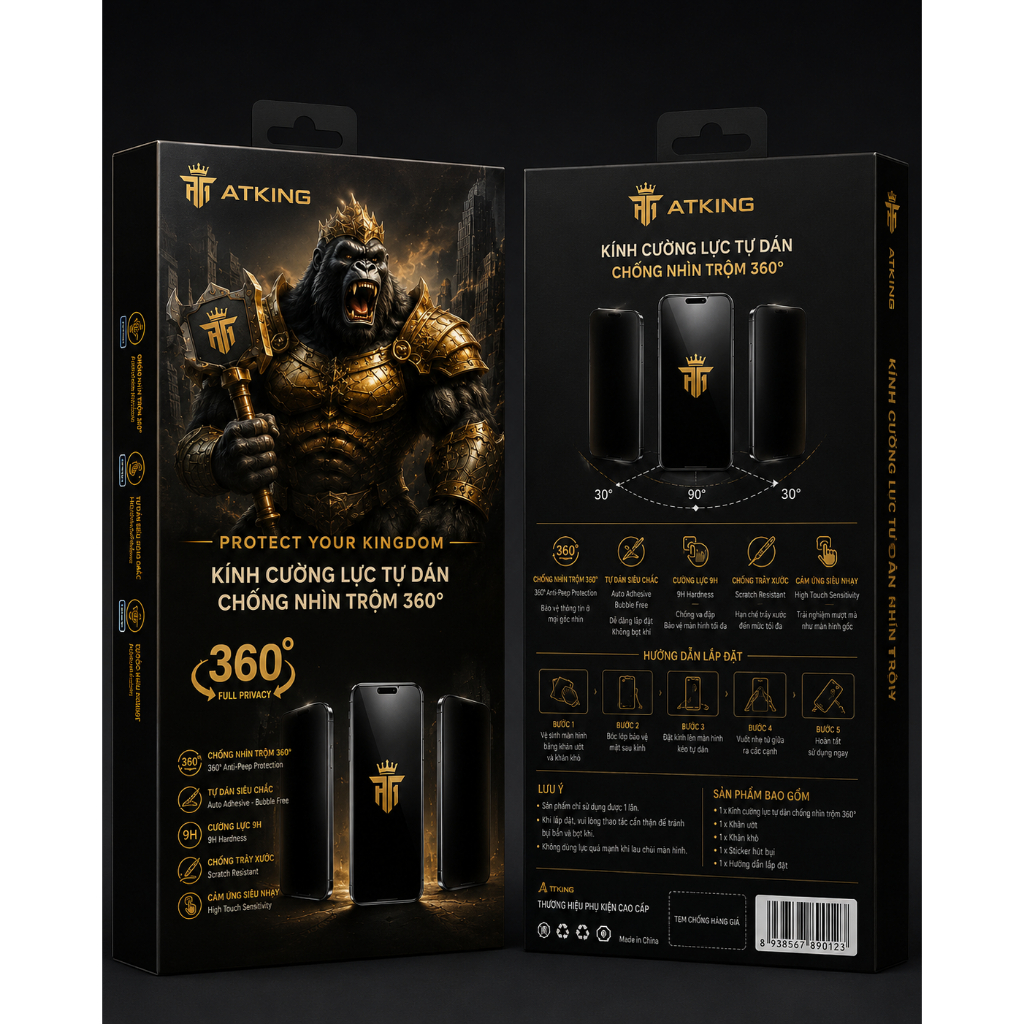 Kính cường lực tự dán cao cấp  iphone kèm khung tự dán chống nhìn trộm 4 chiều AT KING16 11 12 13 14 pro max 17 17 PRO