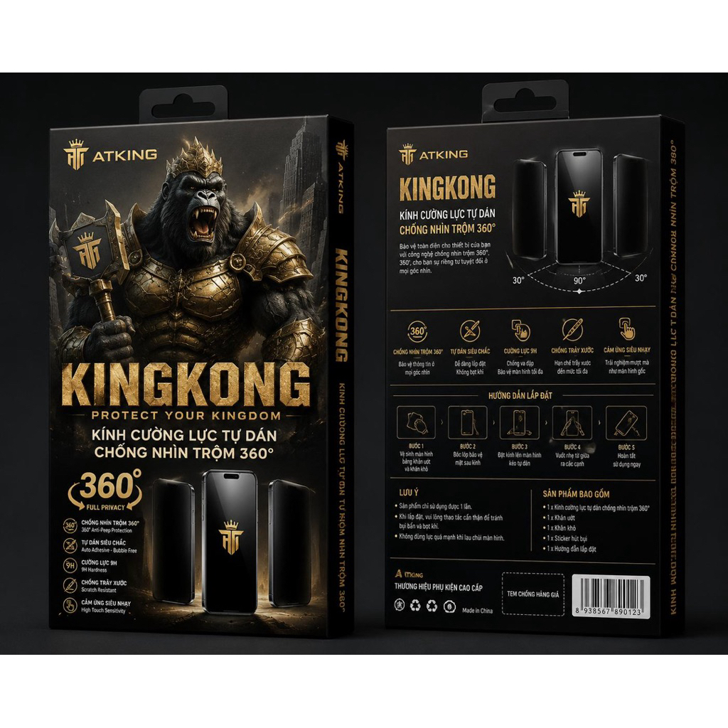 Kính cường lực tự dán cao cấp  iphone kèm khung tự dán chống nhìn trộm 4 chiều AT KING16 11 12 13 14 pro max 17 17 PRO