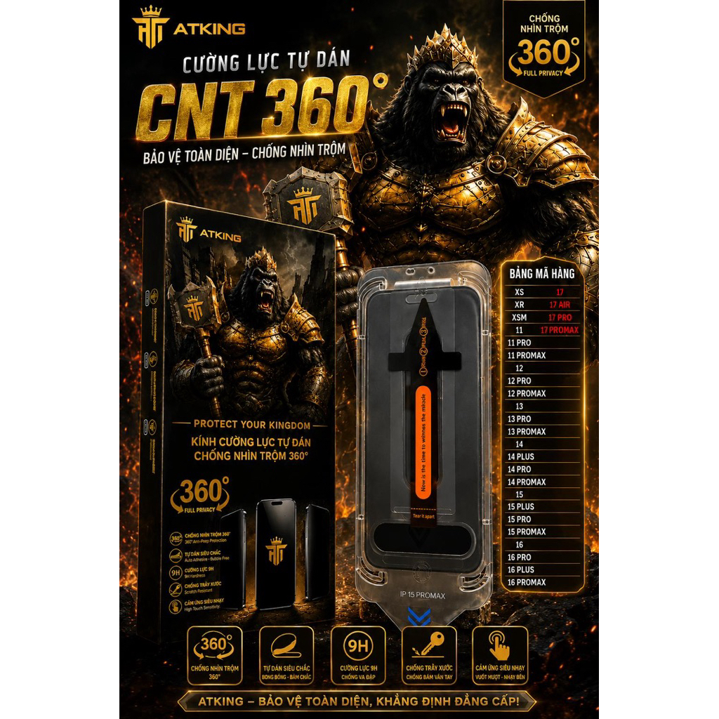 Kính cường lực tự dán cao cấp  iphone kèm khung tự dán chống nhìn trộm 4 chiều AT KING16 11 12 13 14 pro max 17 17 PRO
