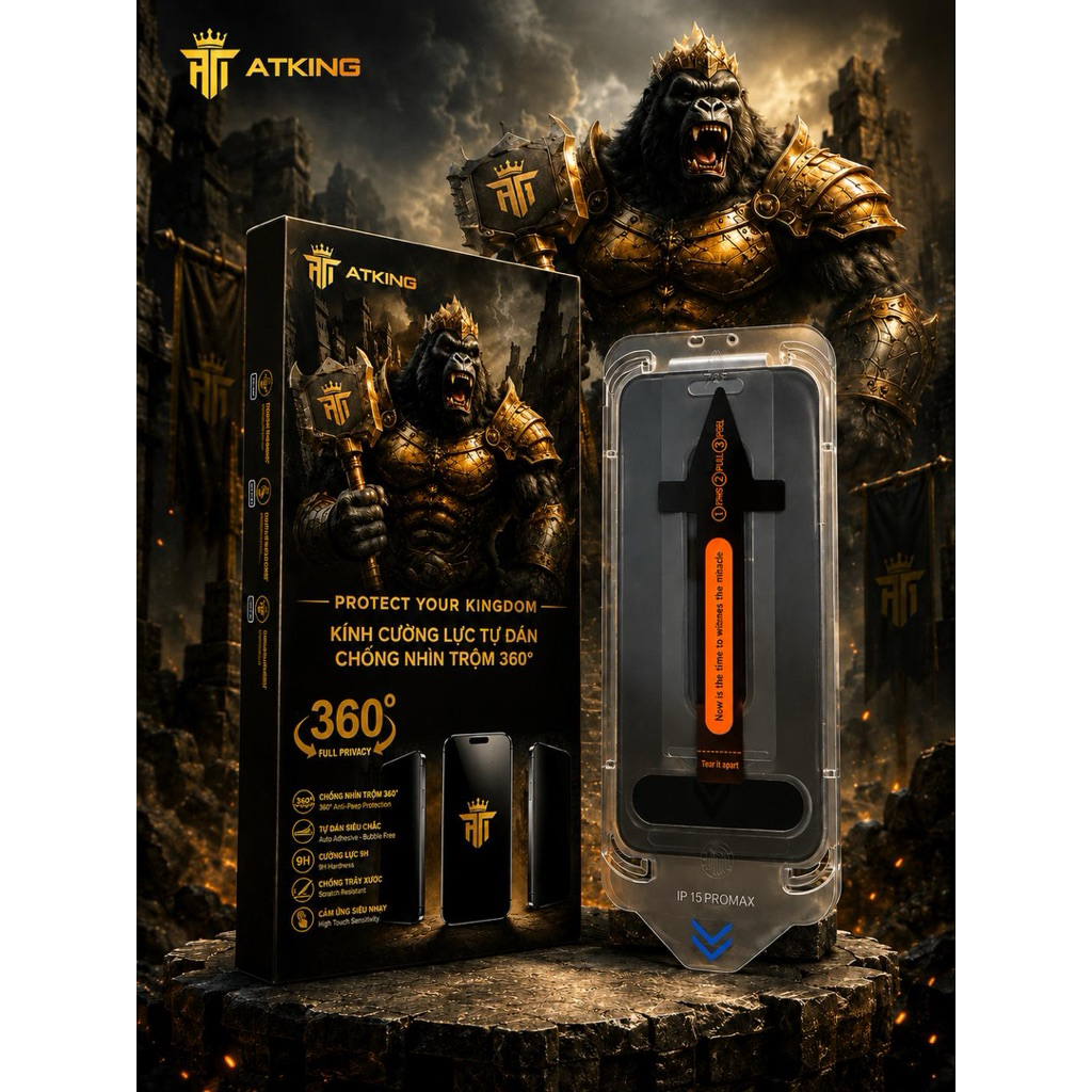 Kính cường lực tự dán cao cấp  iphone kèm khung tự dán chống nhìn trộm 4 chiều AT KING16 11 12 13 14 pro max 17 17 PRO