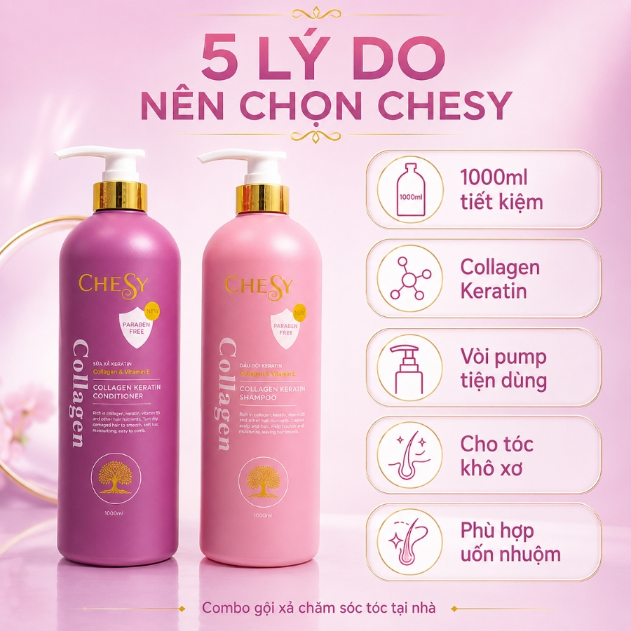[HYAMIN x CHESY] Combo Dầu Gội Xả Collagen 1000ml Phục Hồi Tóc Khô Xơ, Giảm Bết Nhờn, Dưỡng Tóc Mềm Mượt Bóng Khỏe