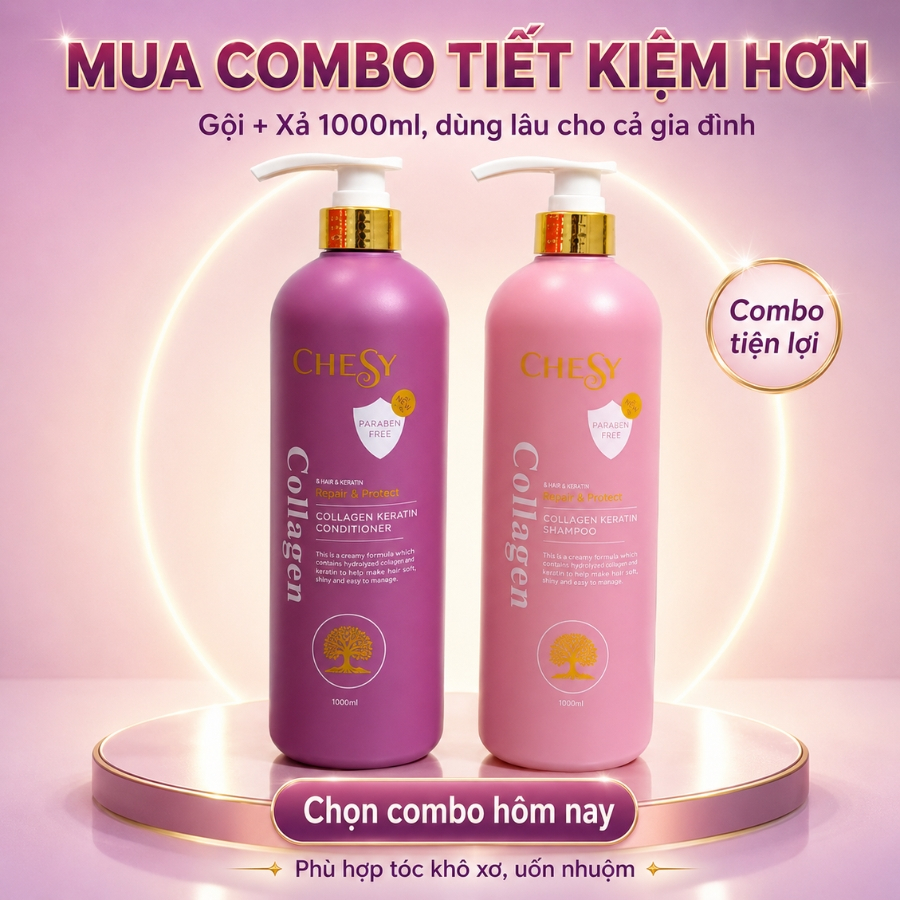 [CHESY CHÍNH HÃNG] Combo Dầu Gội Xả CHESY Collagen 1000ml Giảm Bết Nhờn, Phục Hồi Hư Tổn, Dưỡng Tóc Mềm Mượt, Bóng Khỏe