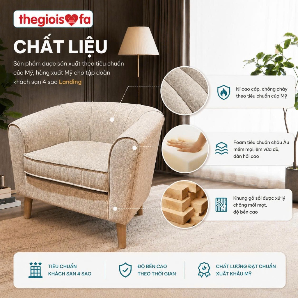 Ghế sofa đơn Geneve (Thegioisofa) ghế sofa decor phòng khách, ngồi thư giãn chất liệu nỉ êm mềm mại