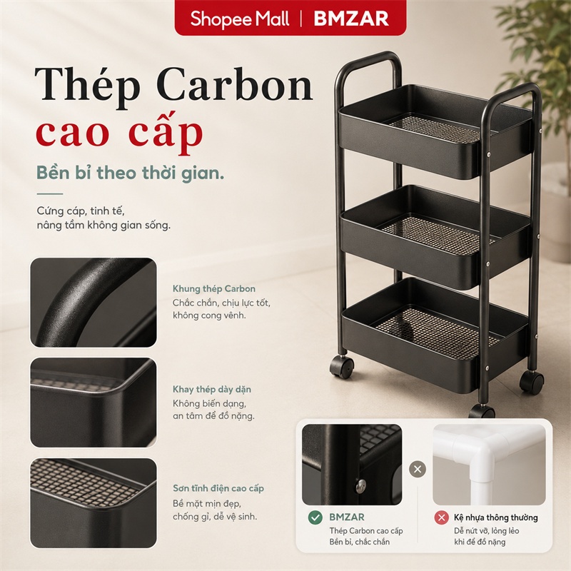 BMZAR Xe Đẩy Spa Đựng Đồ Có Bánh Xe Kệ Sắt Đa Năng Chắc Chắn Xe Để Đồ 3 Tầng Sang Trọng Cao Cấp