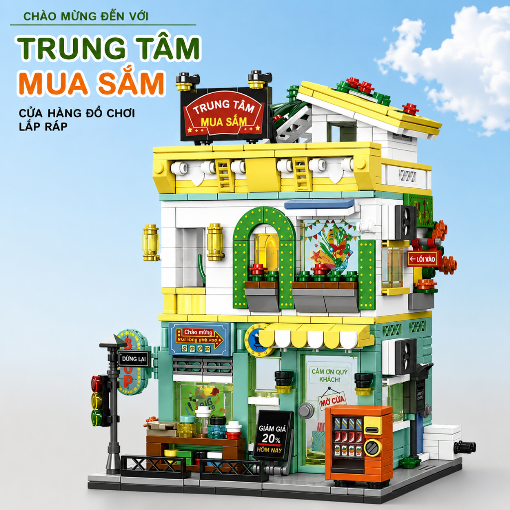 Bộ Xếp Hình Lắp Ghép Nhà Phố Mini 3D Đồ Chơi Lắp Ráp Cửa Hàng Cà Phê Hamburger Trung Tâm Mua Sắm