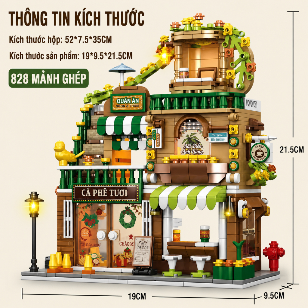 Bộ Xếp Hình Lắp Ghép Nhà Phố Mini 3D Đồ Chơi Lắp Ráp Cửa Hàng Cà Phê Hamburger Trung Tâm Mua Sắm