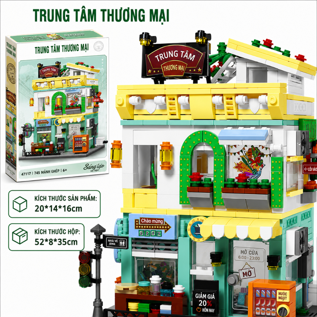 Bộ Xếp Hình Lắp Ghép Nhà Phố Mini 3D Đồ Chơi Lắp Ráp Cửa Hàng Cà Phê Hamburger Trung Tâm Mua Sắm