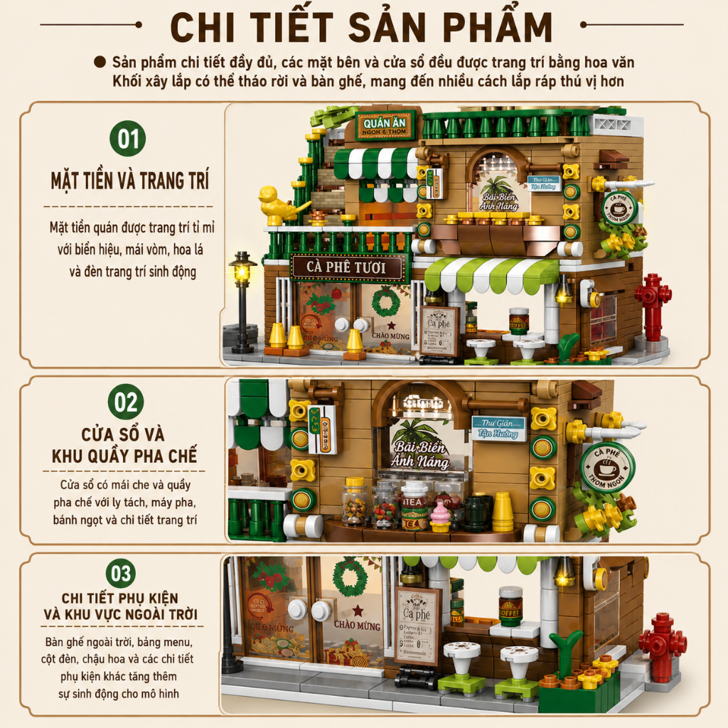 Bộ Xếp Hình Lắp Ghép Nhà Phố Mini 3D Đồ Chơi Lắp Ráp Cửa Hàng Cà Phê Hamburger Trung Tâm Mua Sắm