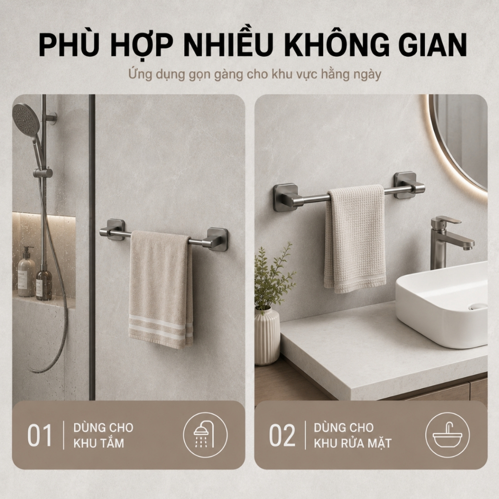 Giá Treo Khăn Dán Tường Không Cần Khoan, Thanh Treo Khăn Nhà Tắm Nhà Bếp Chắc Chắn Chống Gỉ Đa Năng