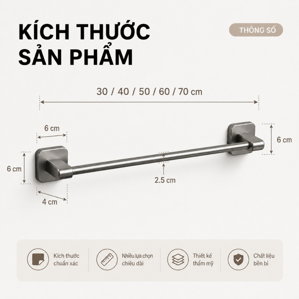Giá Treo Khăn Dán Tường Không Cần Khoan, Thanh Treo Khăn Nhà Tắm Nhà Bếp Chắc Chắn Chống Gỉ Đa Năng