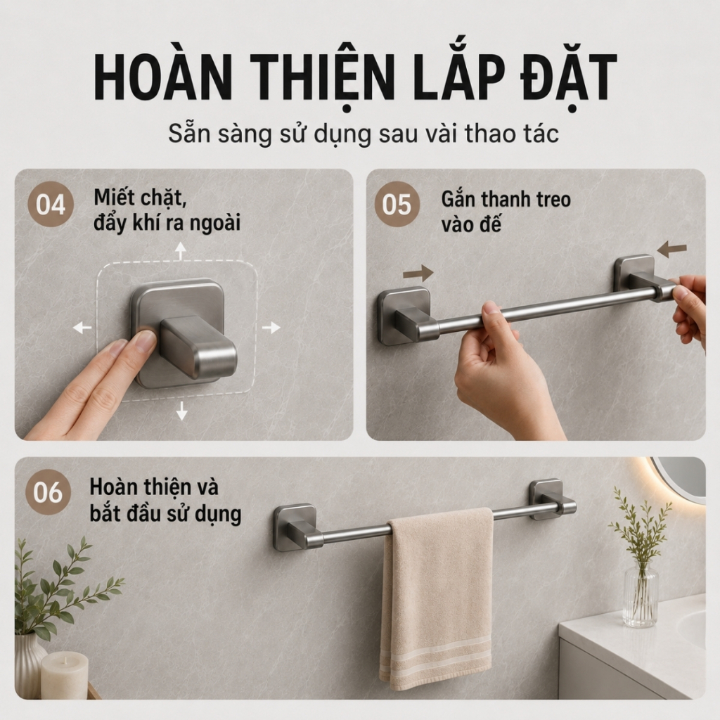Giá Treo Khăn Dán Tường Không Cần Khoan, Thanh Treo Khăn Nhà Tắm Nhà Bếp Chắc Chắn Chống Gỉ Đa Năng