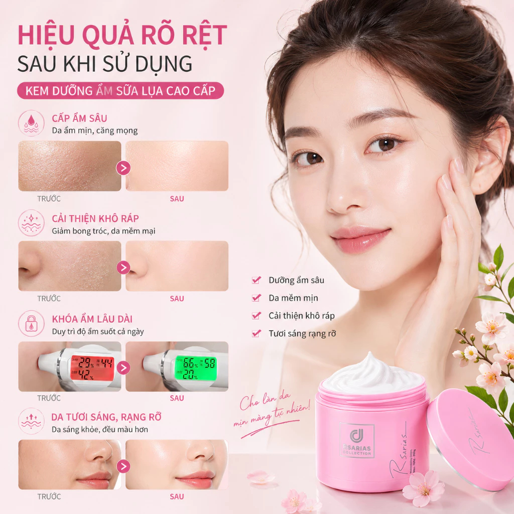 Kem dưỡng ẩm RSARIAS – Da Mềm Mượt Khóa Ẩm Lâu Dài Không Bết Dính Dành , dưỡng ẩm suốt 24H