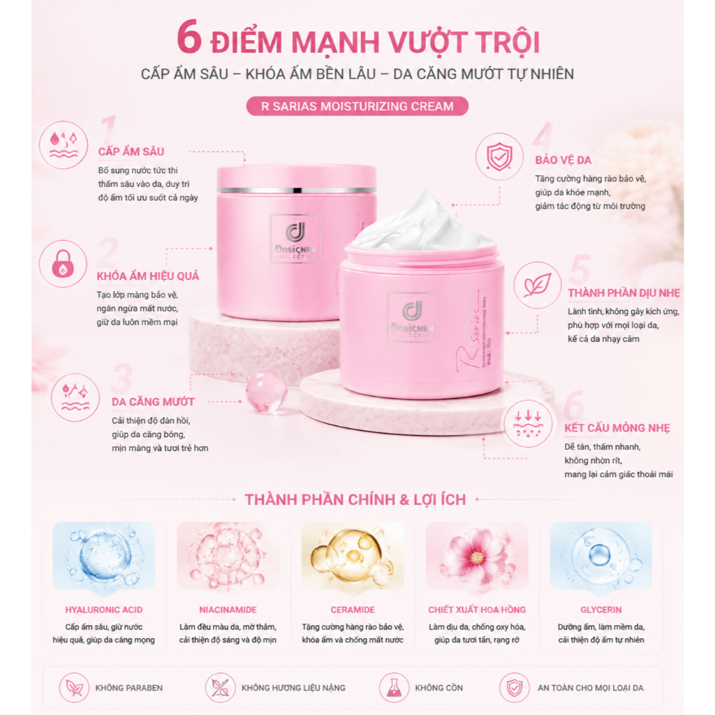 Kem dưỡng ẩm RSARIAS – Da Mềm Mượt Khóa Ẩm Lâu Dài Không Bết Dính Dành , dưỡng ẩm suốt 24H