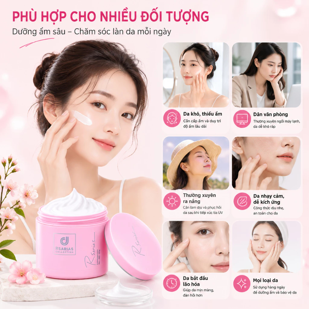 Kem dưỡng ẩm RSARIAS – Da Mềm Mượt Khóa Ẩm Lâu Dài Không Bết Dính Dành , dưỡng ẩm suốt 24H