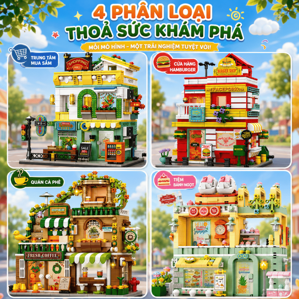Bộ Xếp Hình Lắp Ghép Nhà Phố Mini 3D Đồ Chơi Lắp Ráp Cửa Hàng Cà Phê Hamburger Trung Tâm Mua Sắm