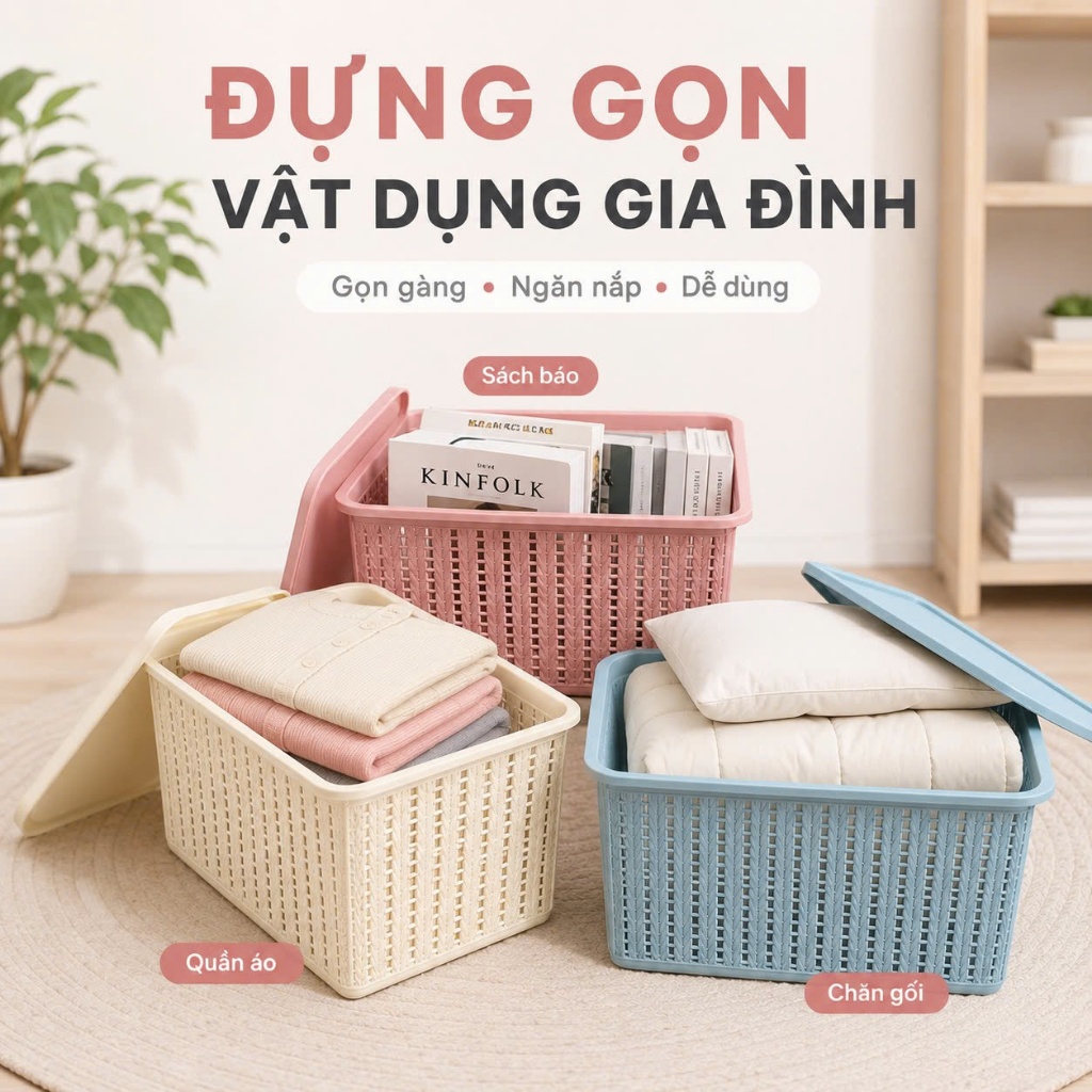 Combo 2 rổ đan mây đựng đồ đa năng size Bé (3415-1) Việt Nhật , Giỏ đan đựng quần áo, dụng cụ nhà bếp thiết kế hiện đại