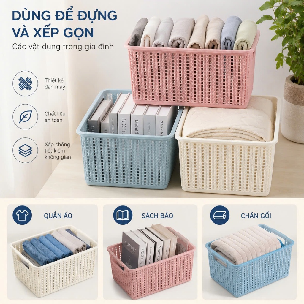 Combo 2 rổ đan mây đựng đồ đa năng size Bé (3415-1) Việt Nhật , Giỏ đan đựng quần áo, dụng cụ nhà bếp thiết kế hiện đại