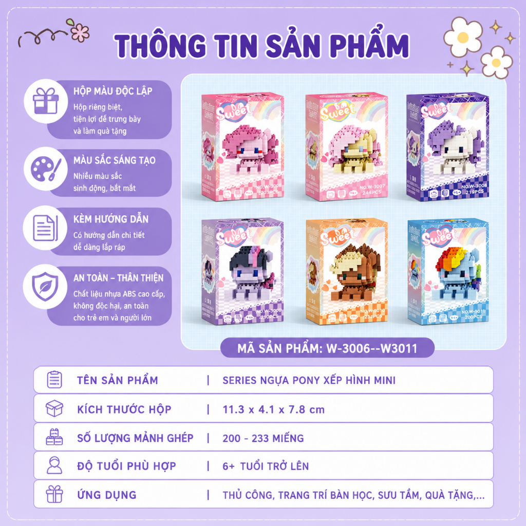 Bộ Xếp Hình Mini Ngựa Pony Đồ Chơi Lắp Ráp Nano 3D Nhựa ABS Mô Hình Để Bàn Quà Tặng 6 Mẫu Dễ Thương