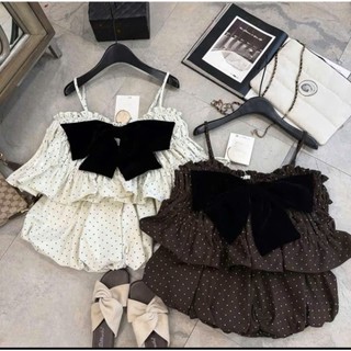 Set Bộ 2 Dây Chấm Bi Nơ, Áo Bèo Tầng Mix Quần Short Mặc Nhà Siêu Xinh Phong Cách Hàn Quốc