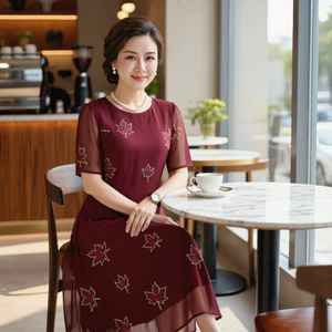 Đầm Trung Niên-Thêu lá phong sang trọng và thanh lịch- 2 lớp kín đáo-thoáng mát cả ngày dài