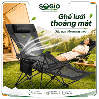 Ghế xếp thư giãn ngoài trời vải Oxford lưới thoáng khí, chịu tải 300kg, gấp gọn kèm gối tựa khay ly đi cắm trại