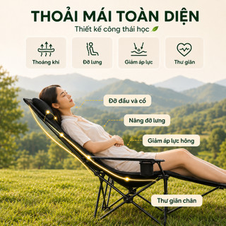 Ghế xếp thư giãn ngoài trời vải Oxford lưới thoáng khí, chịu tải 300kg, gấp gọn kèm gối tựa khay ly đi cắm trại