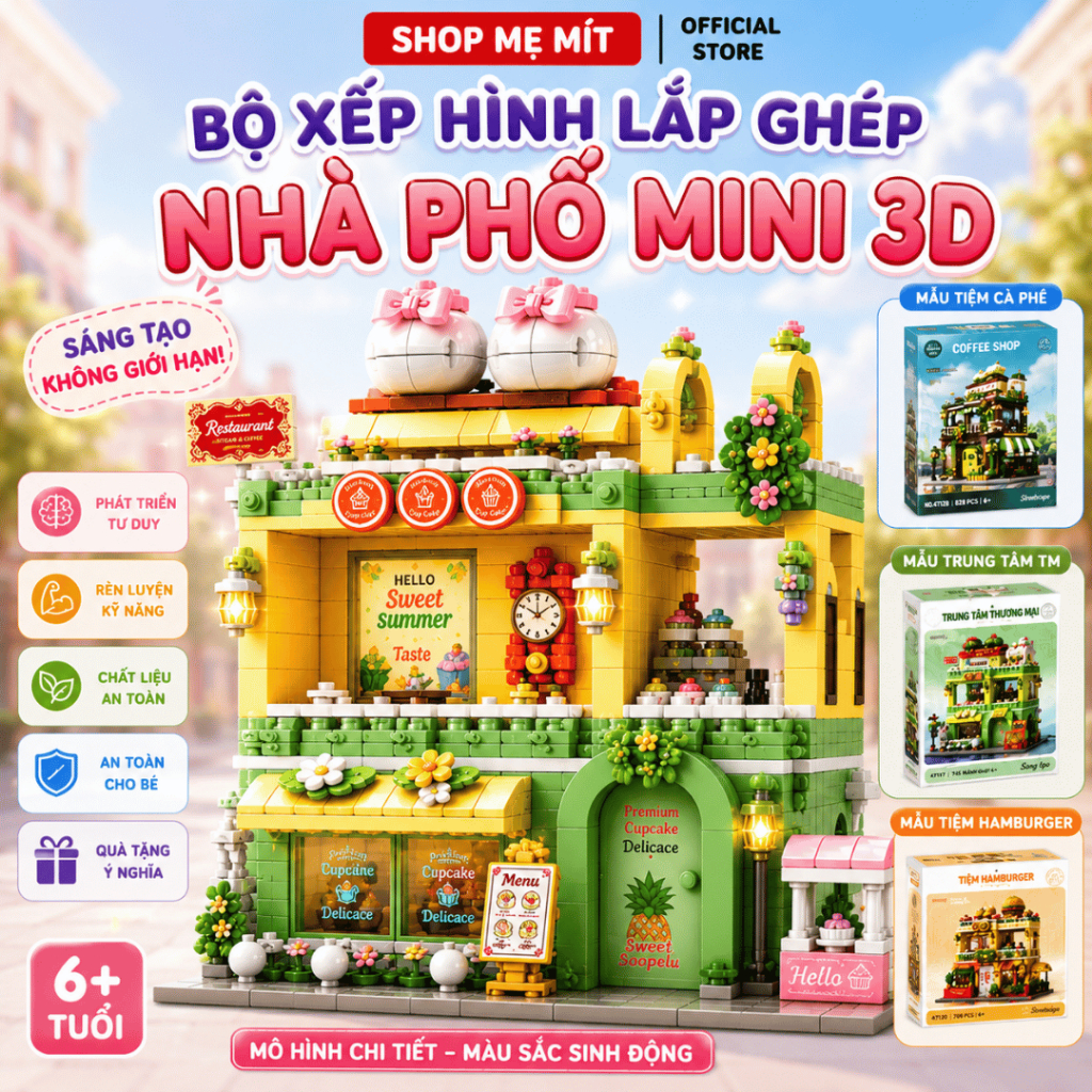 Bộ Xếp Hình Lắp Ghép Nhà Phố Mini 3D Đồ Chơi Lắp Ráp Cửa Hàng Cà Phê Hamburger Trung Tâm Mua Sắm