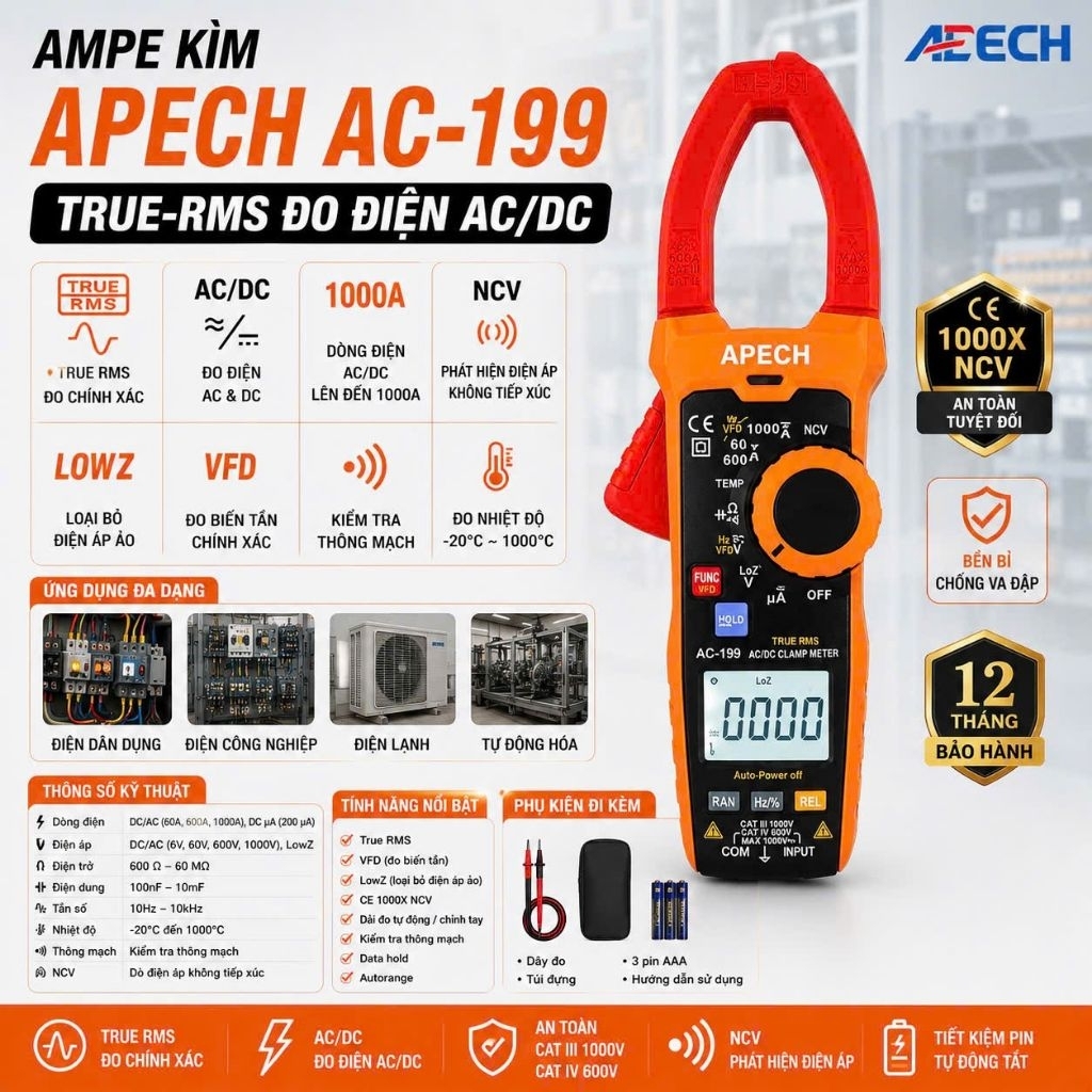 01 NĂM BẢO HÀNH [ APECH AC-199 ] Ampe kìm đo điện áp, tụ điện, tần số ...