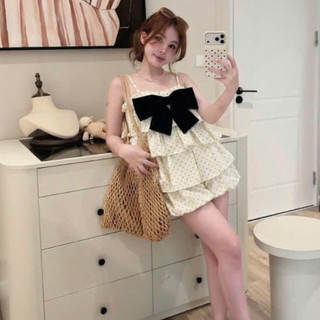 Set Bộ 2 Dây Chấm Bi Nơ, Áo Bèo Tầng Mix Quần Short Mặc Nhà Siêu Xinh Phong Cách Hàn Quốc